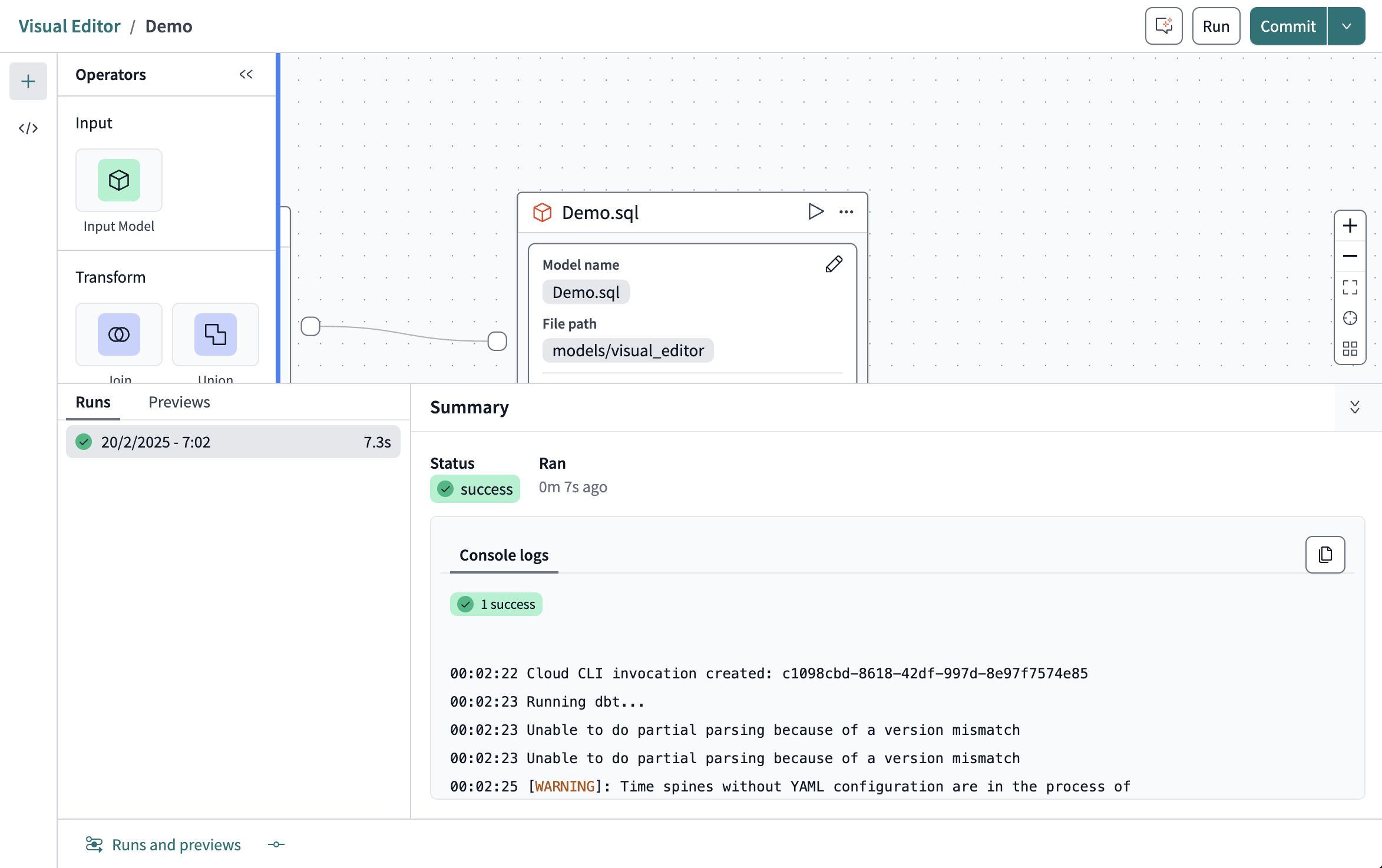The results of a successful run in the 'Runs and previews' pane. The results of a successful run in the 'Runs and previews' pane.